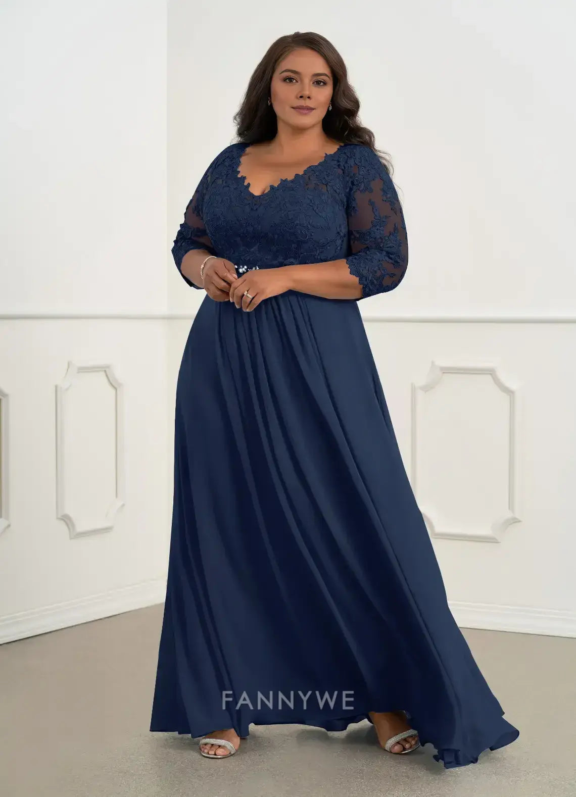 Elegant Plus Size Plunging V-Neck Lace-Embroidered A-Line Maxi Dress with Illusion Sleeves Mother of the Bride Dress